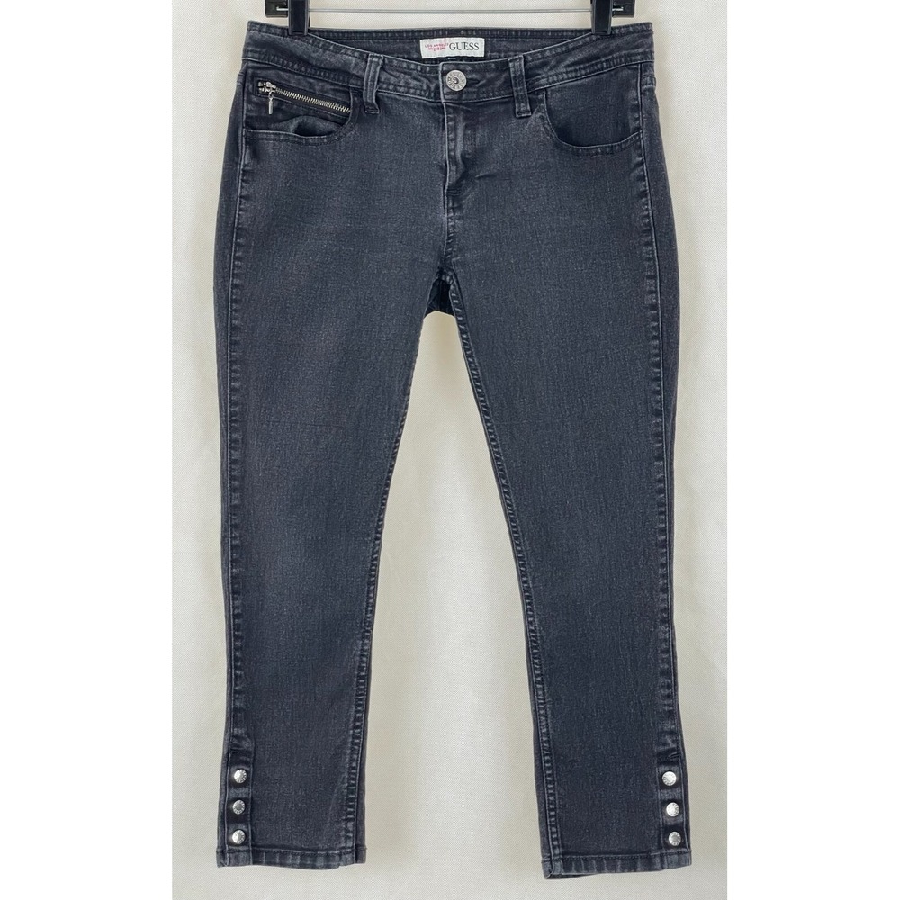 GUESS Jeans Womans Size 30 (32x23 Actual) Black Skinny Jeans Low Ri‎ Snap Ankles